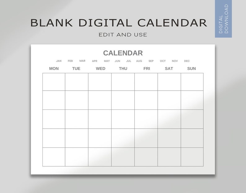 Editable Blank Printable Calendar Landscape, Minimalist Monthly ...