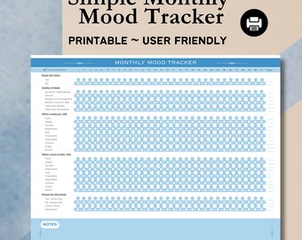 Rastreador de estado de ánimo imprimible, rastreador de estado de ánimo mensual, diseño minimalista, plantilla de estado de ánimo, fácil de usar, descarga digital, tecnología sencilla, diario de registro de estado de ánimo