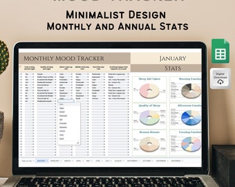 Google Sheets Mood Template, Mood Tracker Spreadsheet, Minimalist Design, Monthly Mood Tracker, Digital Mood Tracker, Mood Log Journal