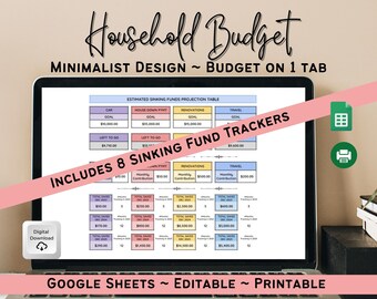 Huishoudplanner, afdrukbaar budget, zinkende fondsentracker, 10-jarige projectietafel, budgettracker Google Spreadsheets, digitale budgetplanner