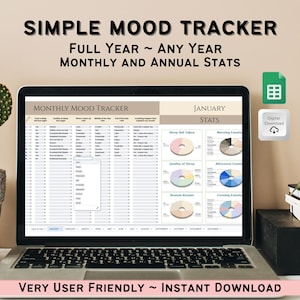 Digital Mood Tracker Google Sheets, Minimalist Design, Mood Tracker Spreadsheet, Mood Template, Mental Health Tracker, Monthly Mood Journal