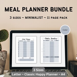 May include: A laptop screen displaying a printable meal planner and pantry inventory template. The template is minimalist and features a grey colour scheme. The text on the screen reads "Meal Planner" and "Pantry Inventory".