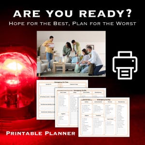 May include: Printable checklist for an emergency go bag. The checklist includes sections for food and water, safety, extra clothing, miscellaneous, first aid, communication, essentials, and food and water. The checklist is printed on a beige background with black text. The text "ARE YOU READY? HOPE FOR THE BEST, PLAN FOR THE WORST" is at the top of the checklist. The text "PRINTABLE PLANNER" is at the bottom of the checklist.