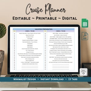 Może przedstawiać: Cyfrowy, drukowany planer rejsów z 13 zakładkami. Lista kontrolna jest podzielona na dwie sekcje: Przygotowanie do podróży i Sprawdź/Do zrobienia. Lista kontrolna zawiera takie elementy, jak data ważności paszportu, ustalenie budżetu, rezerwacja lotów i pakowanie na podróż.