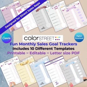 May include: Ten printable and editable monthly sales goal tracker templates for direct sales representatives. The templates feature different colorful backgrounds and designs with the text "colorSTREET" and "Goal".