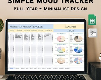 Digital Mood Tracker Google Sheets, Minimalist, Mood Tracker Spreadsheet, Mood Template, Mental Health Tracker, Monthly Mood Journal