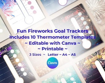 Leuke thermometer bundel doeltracker, printables, doeltracker, bewerkbaar met canvas, digitale planner, digitale downloads, vuurwerkthema