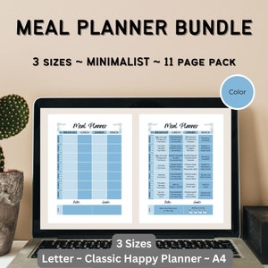 May include: A laptop computer displaying a digital meal planner with a blue and white colour scheme. The planner is titled "Meal Planner" and includes columns for breakfast, lunch, dinner, and snack. The text "3 Sizes - Letter - Classic Happy Planner - A4" is displayed below the laptop.
