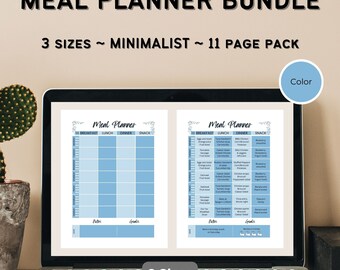 Digital Weekly Meal Planner with Shopping List, Track Water Intake, Multiple sizes incl: Classic Happy Planner, GoodNotes, Digital,Blue