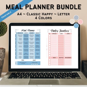 May include: A digital meal planner and pantry inventory printable in A4 size. The planner has a blue background with a pink and white floral design. The inventory has a pink background with a white floral design. The planner includes sections for breakfast, lunch, dinner, and snacks. The inventory includes sections for spices, cans, jars, bags, bottles, and boxes.