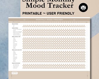 Afdrukbare Mood-sjabloon, maandelijkse Mood Tracker, Minimalistisch ontwerp, Mood Tracker, Gebruiksvriendelijk, Digitale download, Low Tech, Mood Log Journal