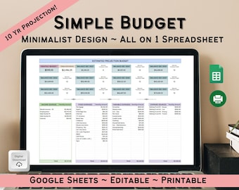 Budgetplanner afdrukbaar, zinkende fondsentracker, 10-jarige projectietafel, budgettracker Google Spreadsheets, huishoudelijke digitale budgetplanner