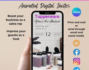 Leuke uitnodiging voor feest, tupperware, uitnodigingssjabloon, digitale uitnodiging voor feest, geanimeerde digitale uitnodiging, digitale uitnodiging voor feest