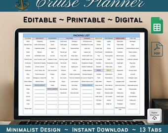 Afdrukbare cruiseplanner, vakantieplanner, cruisetips, digitaal reizen, afdrukbaar, Excel en Google Spreadsheets, reisplanner, reisbundel