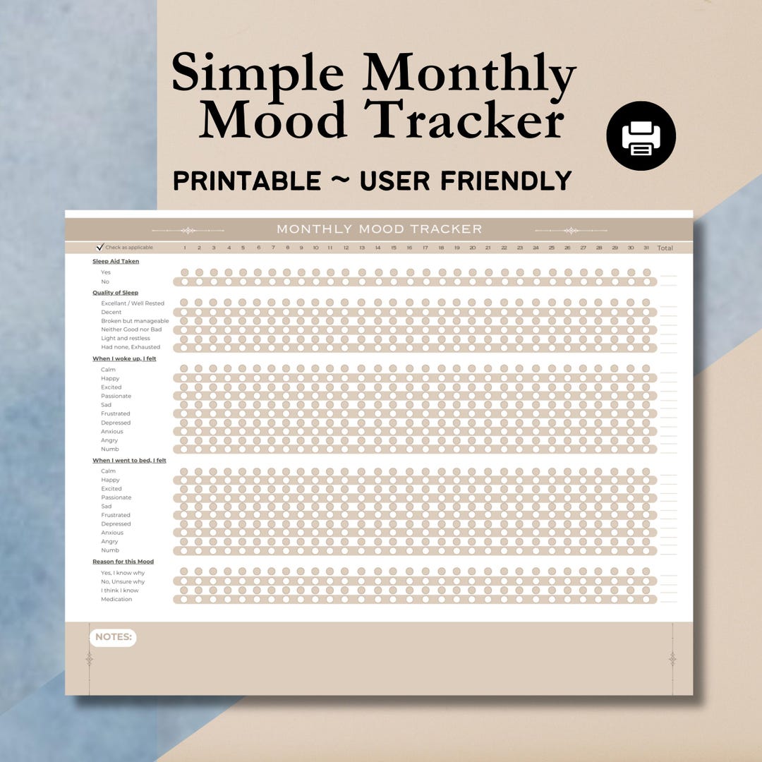 Simple Printable Mood Tracker, Monthly Mood Tracker, Minimalist Design ...
