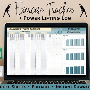 May include: A digital download of a Google Sheets template for tracking fitness training and powerlifting progress. The template includes a January fitness training exercise log, a powerlifting log, and a strength progression chart. The template is editable and can be used to track workouts, sets, reps, and weight.