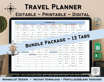 Afdrukbaar reisplanner, vakantieplanner, cruisetips, digitaal reizen, budgetoverzicht, Excel- en Google-spreadsheets, campinglijst, reisbundel