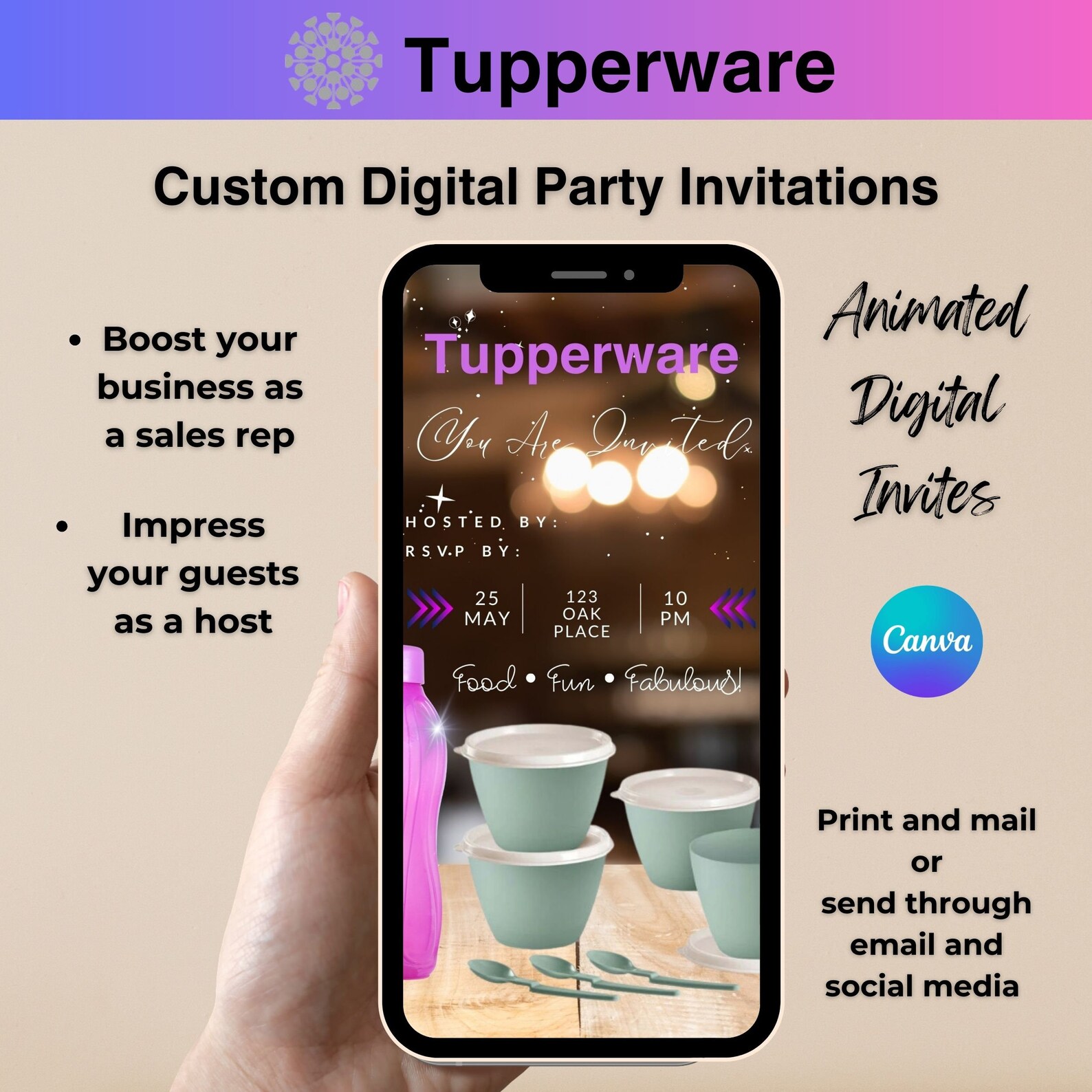 Tupperware, Digital Party Invitation, Party Invites, Animated Digital ...