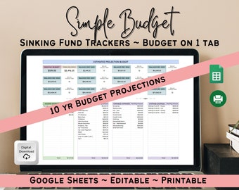 Huishoudelijke planner, budgetplanner afdrukbaar, zinkende fondsen tracker, 10 jaar projectietafel, budget tracker Google Spreadsheets, bewerkbare budget