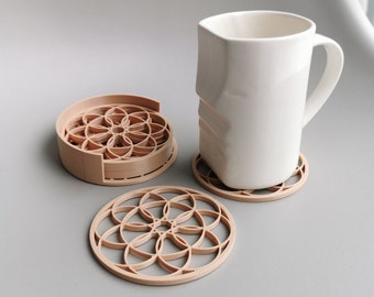 Floral pattern coasters SET - with holder - bamboo, black - gift for valentine's day or womans day, rounded flowers stylish