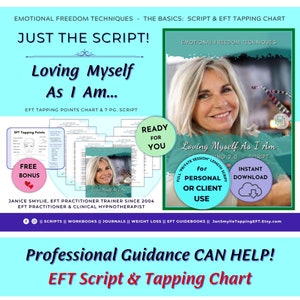 May include: A teal and white graphic promoting "Loving Myself As I Am..." and "EFT Script & Tapping Chart." The image features a woman's photo and several pages of text. The words "Ready for You" and "Free Bonus" are also visible in the image.