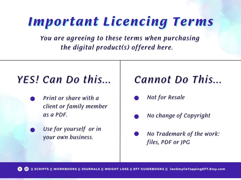Może przedstawiać: Grafika w kolorze niebieskim i białym z tekstem "Important Licensing Terms" oraz listą "Yes! Can Do this..." i "Cannot Do This..." z punktami. Lista zawiera takie warunki jak "Drukuj lub udostępnij klientowi lub członkowi rodziny w formacie PDF", "Użyj dla siebie lub w swojej firmie", "Nie do odsprzedaży", "Brak zmian w prawach autorskich" oraz "Brak znaku towarowego pracy: pliki, PDF lub JPG".
