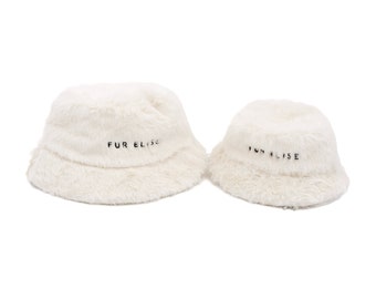 Furi Hat Bundle - Bone | Matching Mini Me Bucket Hat Set For Pets/Pet Owners, Faux Rabbit Fur, Fur Elise Logo, Cream Ivory, M/L Sizes