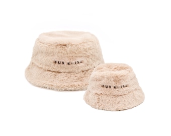 Furi Hat Bundle - Sand | Matching Mini Me Bucket Hat Set For Pets & Pet Owners, Faux Rabbit Fur, Fur Elise Logo, Tan Sand