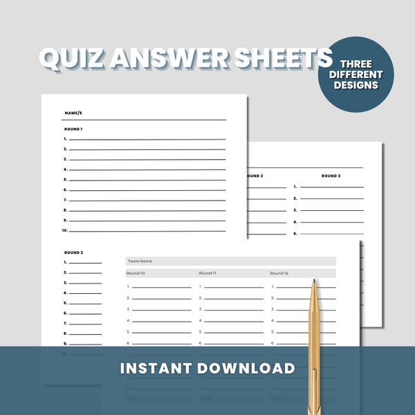Quiz Answer Sheets, Printable Quiz Sheets, Digital Download Template