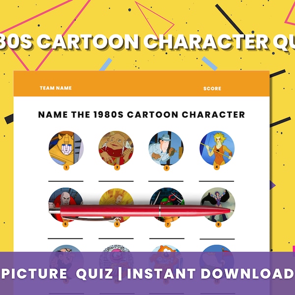 1980s Cartoon Character Quiz, Picture Round Quiz, Quiz Sheet, Digital Download, Retro Quiz