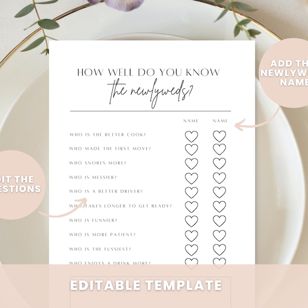 Editable Wedding Reception Game, Wedding Activity Game, New Printable, Digital Download, Bride and Groom Game, Newlyweds Quiz