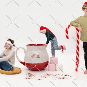 May include: Three children wearing Santa hats are posing for a photo. One child is sitting on a large chocolate chip cookie, another is standing on a stack of marshmallows, and the third is reaching into a large mug that says "Santa's Favorite".