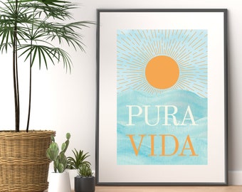 Pura Vida Wandkunst, druckbare Kunst, bunte Wandkunst, Costa Rica, Leben pur