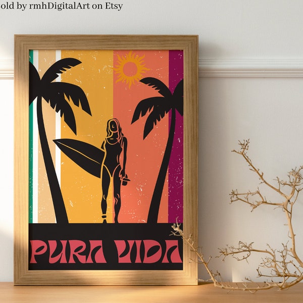 Pura Vida Wall Art , Surfer, Printable Artwork , Costa Rica , Pure Life, Colorful Wall Art