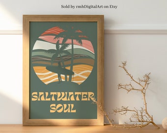 Coastal vibe: 'Saltwater Soul' - digital surfer art with palm trees and colorful background. Perfect for beach house. Instant download!