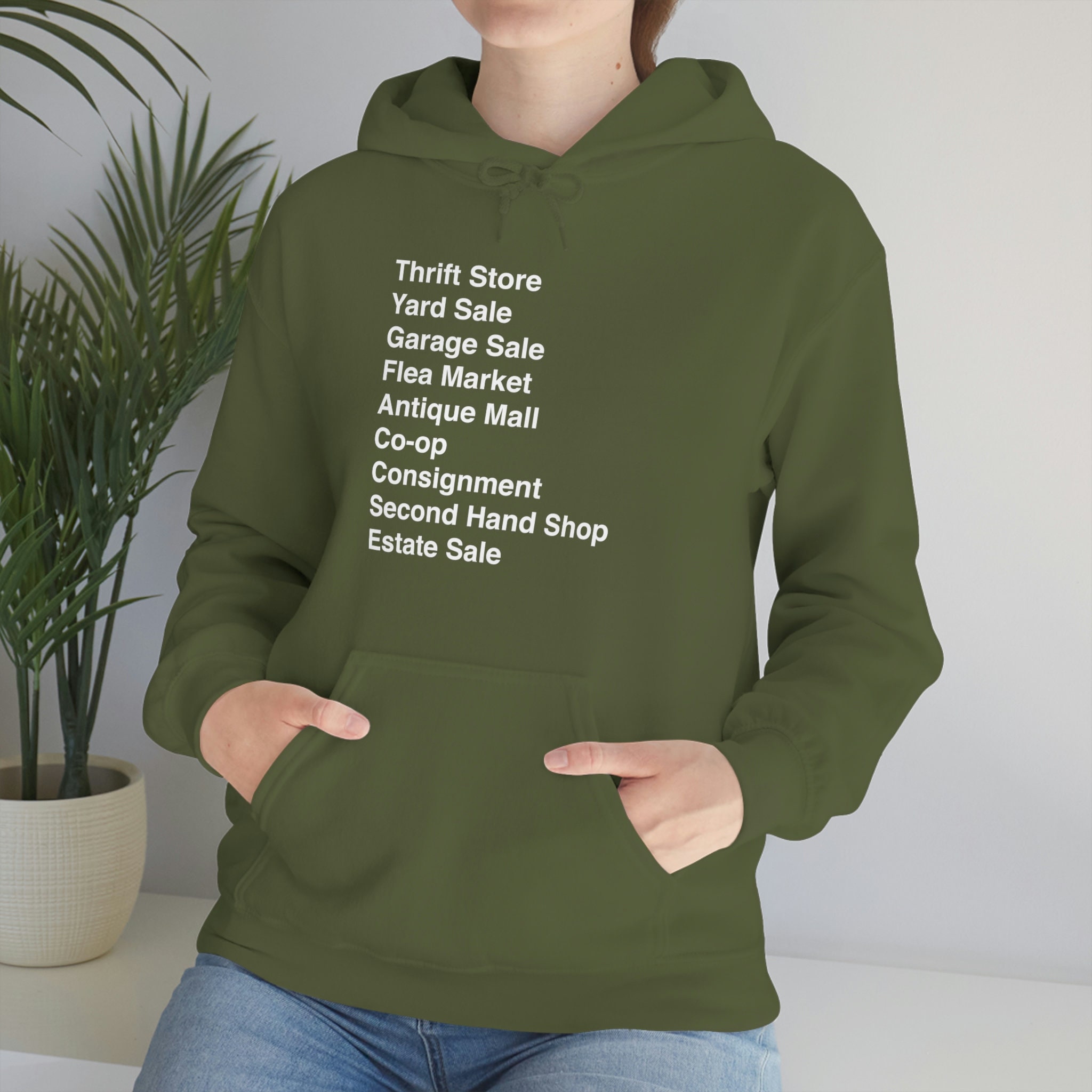 Thrift Store Yard Sale List Hoodie Sweatshirt - White Lettering 