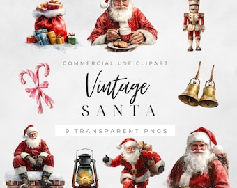May include: A set of nine vintage Christmas clip art images featuring Santa Claus, a nutcracker, candy canes, bells, and a lantern. The images are in a watercolor style and have a vintage feel.