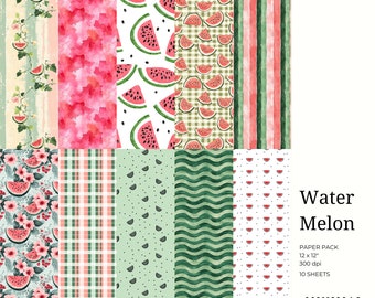 Watermelon Digital Paper Background Pack | Summer Watermelon Patterns | Watermelon Scrapbook Papers | 12x12" Watercolor Fruit Backgrounds