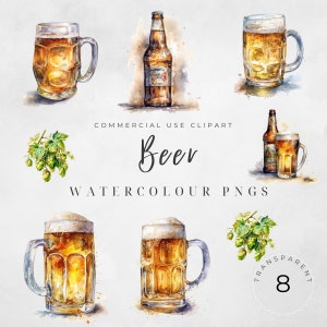 beer clipart | set of 8 | watercolour cocktail drinks | beer mug png | transparent background
