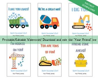EDITABLE Construction Valentine Cards | Boys Valentines | Printable Valentines