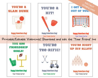 Sports Valentine Cards | Valentine's Day Cards - Sports - Baseball - Basketball - Football- Soccer - Printable - Instant download