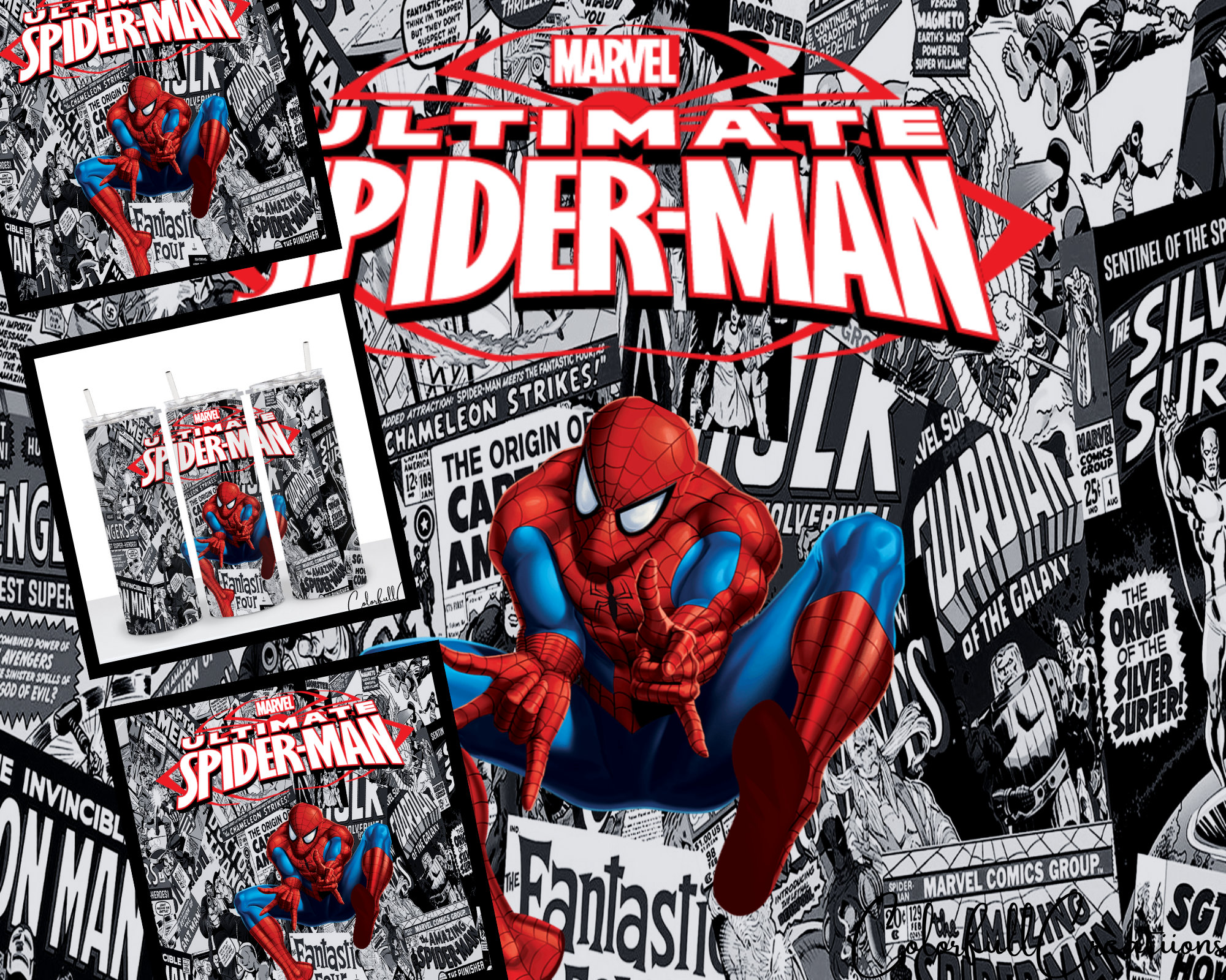 Cartoon Spiderman Tumbler Wrap Sublimation Design PNG 20oz Skinny
