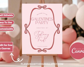 Editable Galentine&#39;s Welcome Sign Template Valentine&#39;s Party Galentine&#39;s Day Party Poster Galentine’s Brunch Galentines Printable Decoration