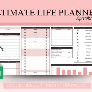 Könnte beinhalten: Eine rosa und schwarze Google Sheets-Spreadsheet-Vorlage für einen Lebensplaner. Die Tabelle enthält Abschnitte für den heutigen Plan, die heutige Routine, die heutigen Aufgaben, die heutigen Mahlzeiten und Ziele. Die Tabelle enthält auch ein Video-Tutorial.