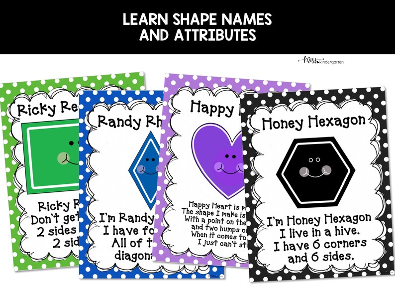 Text: Learn Shape Names and Attributes Image: Shows included colorful posters for Rectangle, Rhombus, Heart, and Hexagon