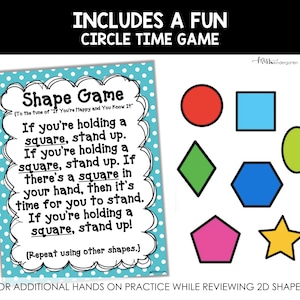 Text: Includes a fun Circle Time Game for Additional Hands On Practice While Reviewing 2D Shapes. Image: Shape Game sample card plus stock images of shapes.
