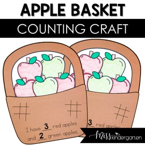 May include: A printable craft activity for kids to count apples in a basket. The craft features two brown baskets with red and green apples inside. The text on the craft says "I have 3 red apples and 2 green apples."
