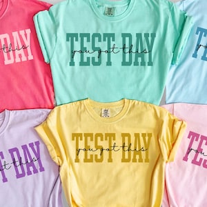 Pode incluir: Seis camisetas de manga curta em várias cores, incluindo rosa, azul, amarelo e roxo. Cada camisa apresenta o texto "TEST DAY you got this" em uma cor contrastante. Roupas casuais.