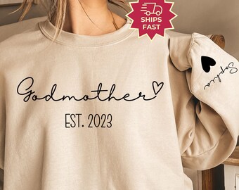 Customized Godmother Sweatshirt with Kid Names on Sleeve, God Mother Shirt, Godmama Gift, Godmother Proposal Crewneck Mother's Day Gift