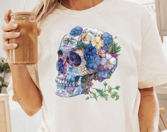 Floral Skull Shirt, Flower Skull Skeleton Shirt, Halloween Skull Tee Skull T-Shirt Skull Tshirt Floral Skull Boho Graphic Tee comfort colors